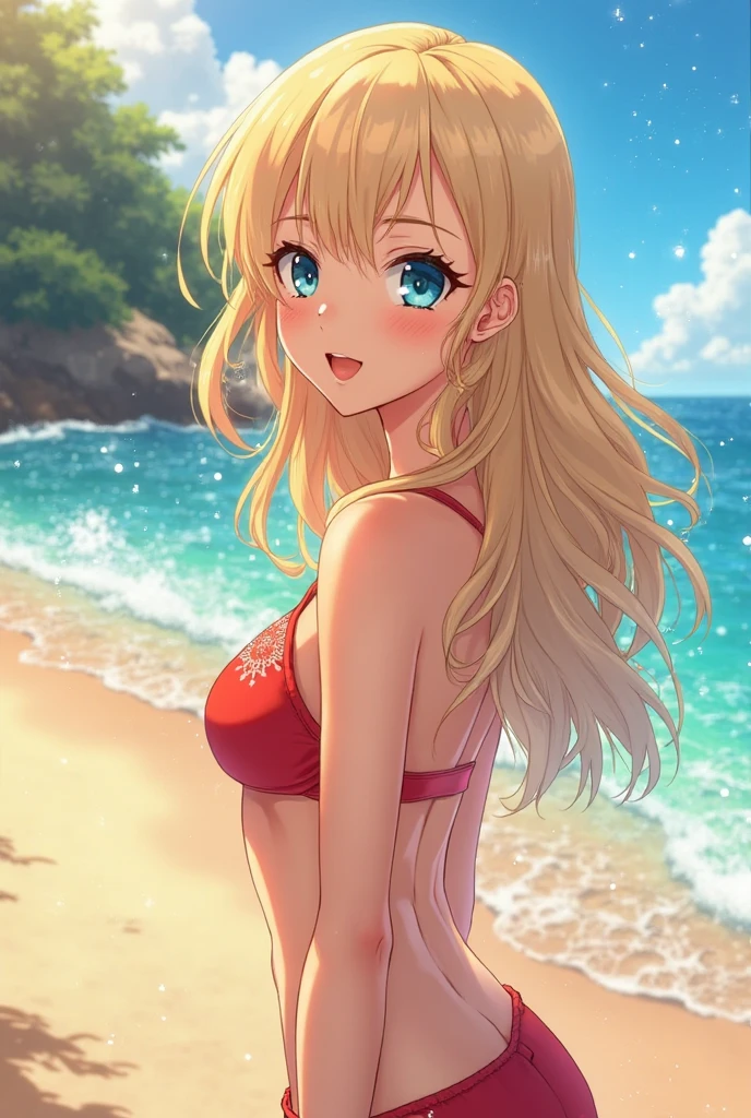blonde standing in a red bikini on the beach