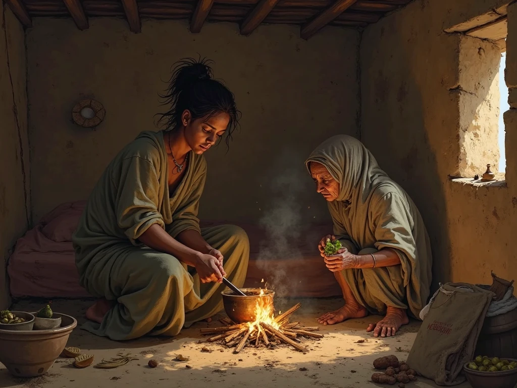 (photorealism:1.2), an aerial view of two malay beauty hijab girl sit down on a
floor in a wooden kitchen, in a midle of clay stove, wear a long sleeve t-shirt and a batik sarong, the girls pouring a meal onto the wok, a top aerial angle, in a morning sunshine, old urn,old traditional brick stove,, old kettle, old stone grinder