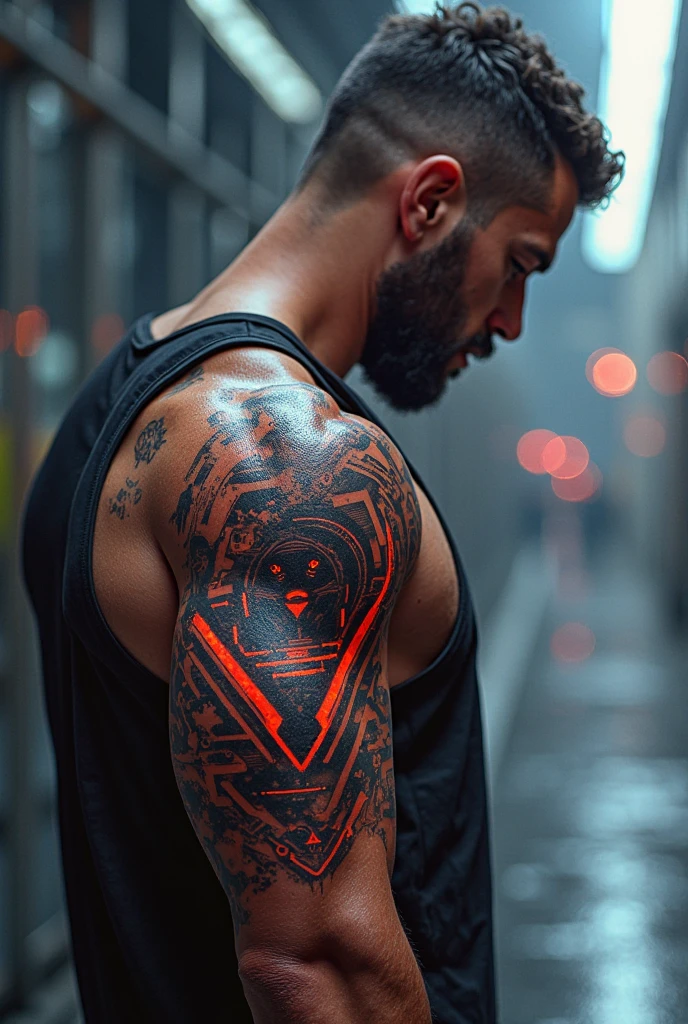 Teen man, topless, muscular,  arc reactor tattoo on his chest