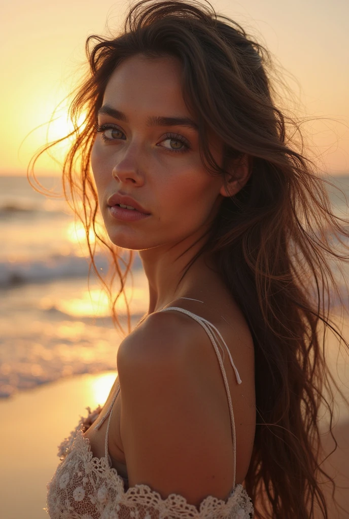 Beautiful girl with long wavy hair, yeux verts.  She has tanned skin and is cute. bathes in the sea, ultra realistic sunset. 4K
 
