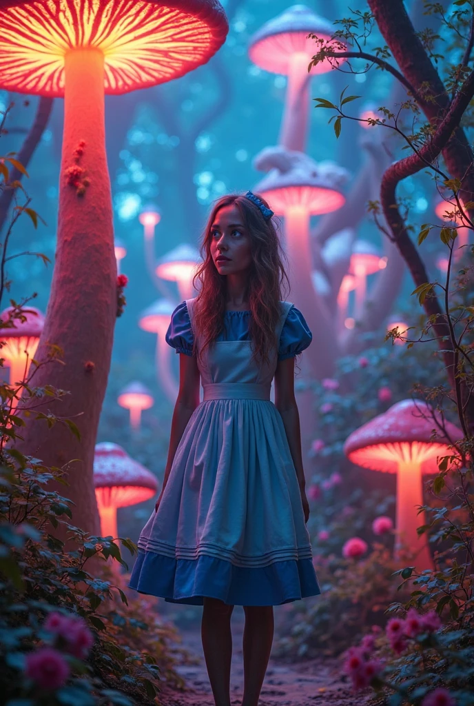 Adult Alice in wonderland standing in stream,large mushrooms in background,highly detailed,Beautiful lighting,photoreal,4k,depth of field,night scene,light from godrays shining on ground,