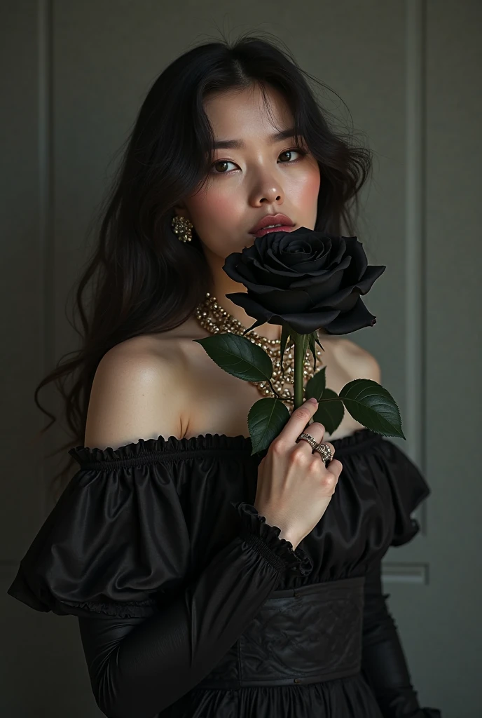 a cute Yuna in cosplay as Morticia Adams, beautiful detailed eyes, beautiful detailed lips, extremely detailed eyes and face, long eyelashes, slinky black dress, deep v down middle, deep thigh slits, sultry pose, holding a black rose, 8k, best quality, high resolution, masterpiece, ultra-detailed, realistic, photorealistic, HDR, studio lighting, extreme detail description, vivid colors, dark gothic, chiaroscuro lighting, moody atmosphere, dramatic lighting
