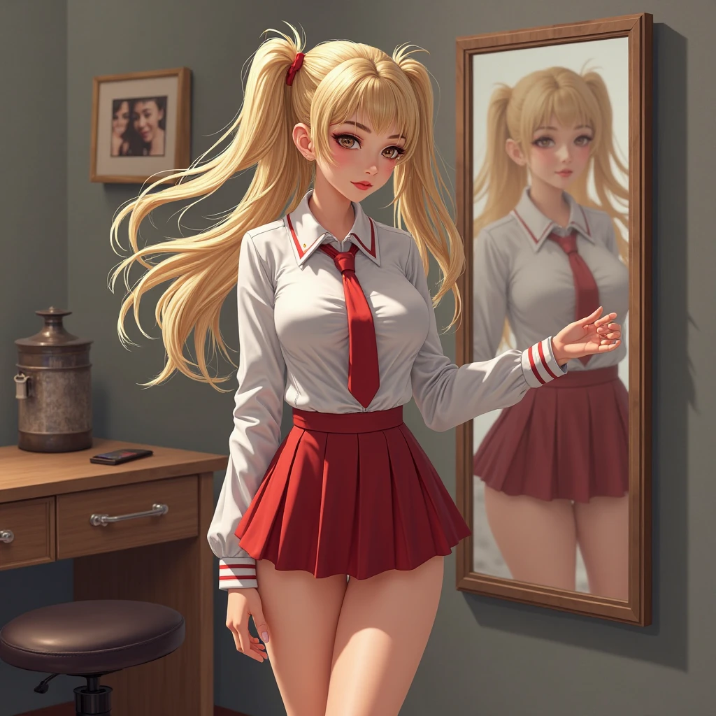 ((medium breasts)), ((erotic, sexy)), 28-year-old student, ((Japanese high school uniform:1.6)), will be on the street with her back turned, beautiful detailed eyes, clear face, outlined eyes, (Photo full body), (Pigtails), shapely ass, wears glasses, wears tennis shoes, sunny day, sexy pose, seductive pose
