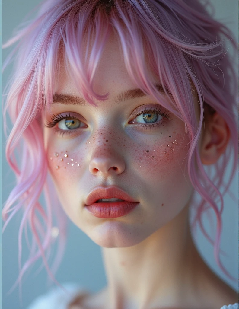 photo of beautiful age 18 girl, pastel hair, freckles sexy, beautiful, close up, young, dslr, 8k, 4k, ultrarealistic, realistic, natural skin, textured skin