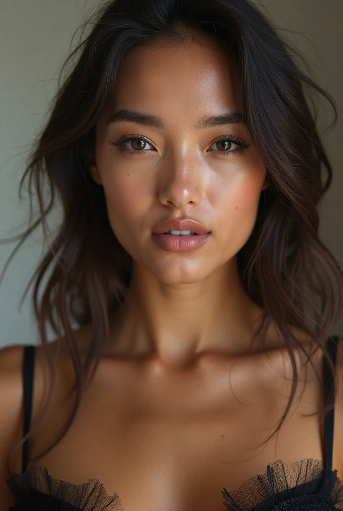 Realistic portrait of a beautiful 1 girl with Latin features, Lightly tanned white skin with a beautiful tan tone, Brown eyes, long dark hair. delicate facial features, Thin and thin lips with realistic texture, beautiful girl model body. regular well formed tits, detailed facial features. ultra realism, maximum resolution, masterpiece. extremely detailed skin, professional photography. white background in professional studio, Professional lighting that highlights the details, pores and skin textures.