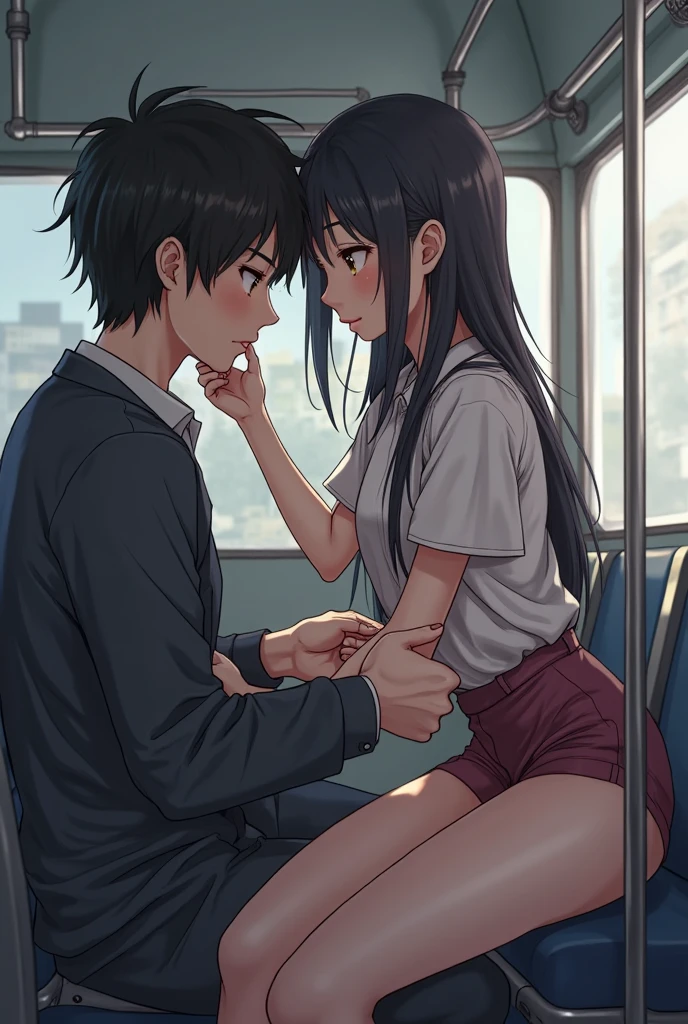 ((of the highest quality, 8k, RAW Photos, masterpiece :1.3)), (realist、realist:1.37)、Very detailed、ultra high resolution, (Professional lighting), ((from above:1.2)),((Full body photo)),small breasts、perfect face、Beautiful expression、beautiful face、pretty eyes、1 high school girl、beautiful girl、beautiful black hair、(not good、schoolgirl uniform、button down shirt:1.2、off the shoulder、Pleated mini skirt、pale pink lace panties)、(Inside a crowded train with sunlight coming)、fear expressions、blush、the man has a vulgar look、man hugging