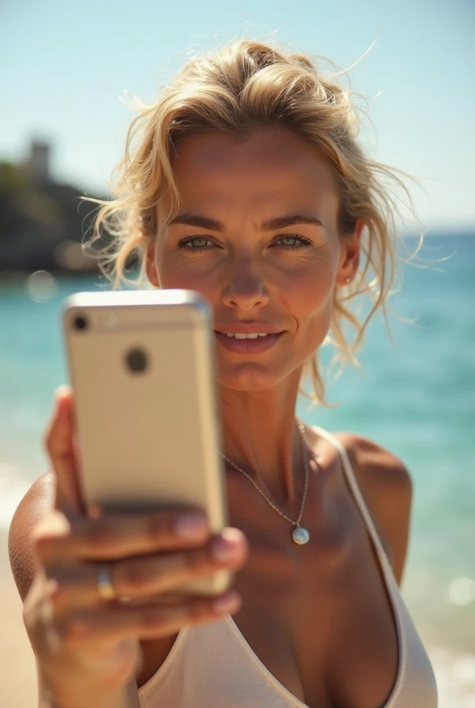 There is a young girl posing for a photo on the beach, (same face in the photograph) naked, blonde, fitness body, ABS, toned legs,round buttocks and fitness, flat chest,expanded neck, tanned body, unclothed, with sunglasses, exposed tits, exposed chest, exposed vagina, nothing covers his torso, is 100% naked y sexi, the girl has a shaved vagina.