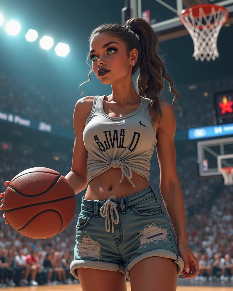 4K，masterpiece，High resolution，Very complicated，Realistically，((Sweaty 1.5))，((Shiny skin 1.5))， whole body，Summer noon， Play basketball，Basketball Pose，Basketball Uniform，Thighs， 1990s\（style\），White skin，(Sweaty cleavage 1.2)， (Highest quality), (High resolution), (Extremely delicate and beautiful),Beautiful 8k face,(Brown eyes),(Beautiful breasts),(Basketball Sportswear),((Play basketball)),((Basketball court background)),， closeup cleavage，Highest quality， RAW Photos， Realistically， Cute face， Buatigarh， Adorable， Pink shorthair， Depth of written boundary， Super detailed， Cinema Lighting
