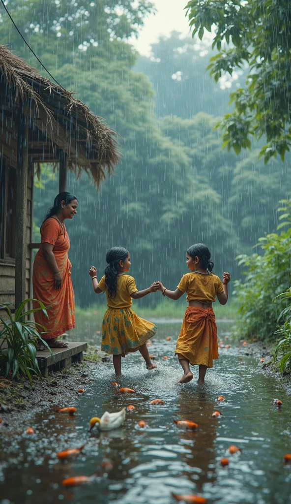 Indian Village kids having fun getting drenched in the rain