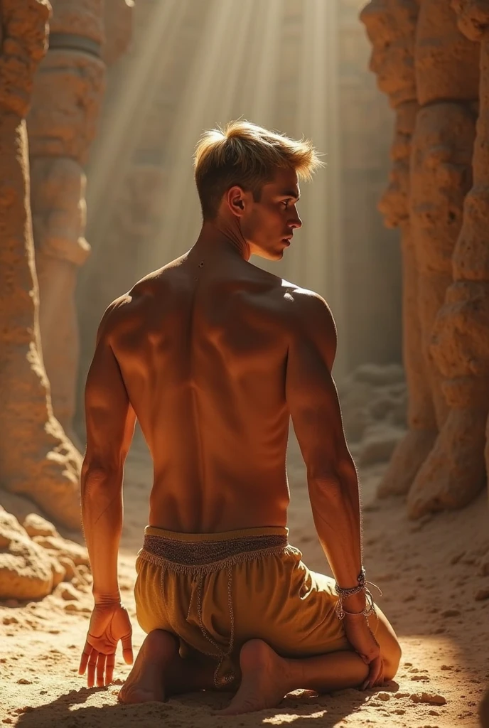 young slender shirtless barefoot blond man brown accented jars wide shot Perspective golden ratio composition Composition Abundant empty space Unknown in the style of bess hamiti textural richness Hiroshi Nagai Reference low speed film lush detailing tabletop photography dark black and gray Light background, ultra hd, realistic, vivid colors, highly detailed, UHD drawing, pen and ink, perfect composition, beautiful detailed intricate insanely detailed octane render trending on artstation, 8k artistic photography, photorealistic concept art, soft natural volumetric cinematic perfect light