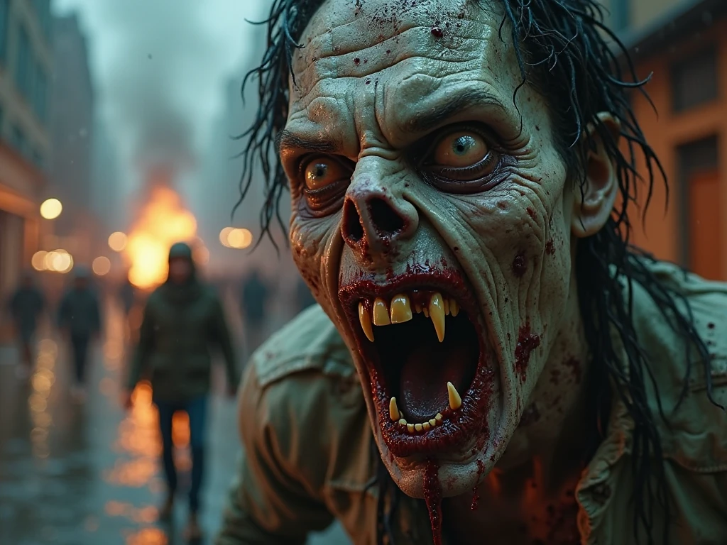 (masterpiece, best quality:1.2), ((RAW photo, Best quality)), (Realistic, photo-realistic:1.2) a zombie, horror, creepy, night, (((White eyes))), angry. Pale or greenish skin, wounds, empty eyes, torn clothes, slow movements, guttural noises, aggressive and cannibalistic behavior.
