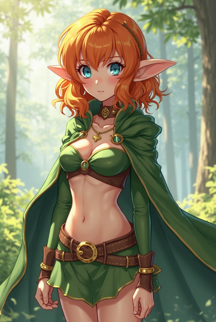 flat chests, nsfw, masterpiece, 1 girl, erect nipples, intricately detailed, topless, navel, bare shoulders, necklace, orange hair, green skirt, elf ear, leather belt, mountainous horizon, mountains, forest, blue sky, extremely detailed, photorealistic, octane render, 8 k, unreal engine, bare breasts, nipples, green eyes, archer, bow and arrows, bare stomach, sweaty, moist breath, child, arm strap, one side braid, 1 ear exposed, bangs, bandana, long nails, smiling, freckles, crossbow, gold bracelet, open mouth