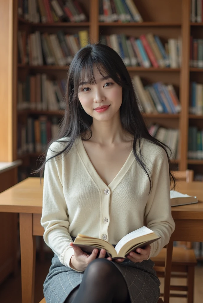 (8k, RAW photo, best quality, masterpiece:1.2), (realistic, photo-realistic:1.4), (extremely detailed 8k wallpaper),korean 20 age woman, The image captures her surrounded by shelves of books, emphasizing her intellectual curiosity and the quaint charm of the bookstore,cute face,A woman who looks good with a smile,bewitching hair,reading a book happily,(sexy costume),One-shoulder dress,A smile that invites others,long hair,Thighs are slightly visible through clothing