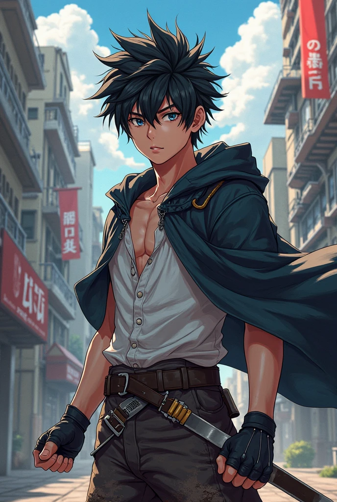 (((full height,masterpiece,best quality,1boy,male focus,looking at viewer,solo,closed mouth,teenager,muscular,muscle,swordsman,katana)))

((dark black hair,short messy hair,teal eyes,perfect eyes,glowing eyes,bright eyes,perfect face)),calm demeanor,(((modern clothing,black cloak,shirtless,black jogger pants,white jordans))),(dark skin color,standing still,caramel skin color),

((street level background,noon,clear sky,buildings,street,clouds,afternoon))