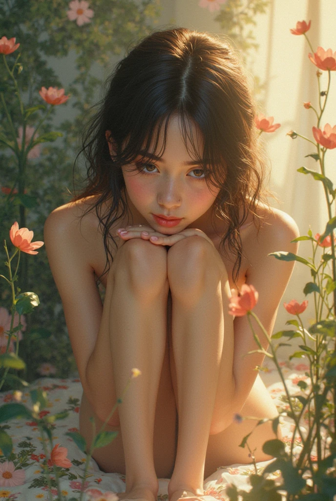 hyper photorealistic, cute magic woman, in sunny autumn European garden, (18 years), (detailed face and eyes), full body portrait, (extremely sexy), Masterpiece, pleasure, nudist, small breasts, expression enjoyment, skyscape with clouds, retro environment, cinematic lighting, Brown hair, little smile, fine facial traits, Slim physique, (depth of field), ultra detailed, amazing shadows, ripe fruits, red apple