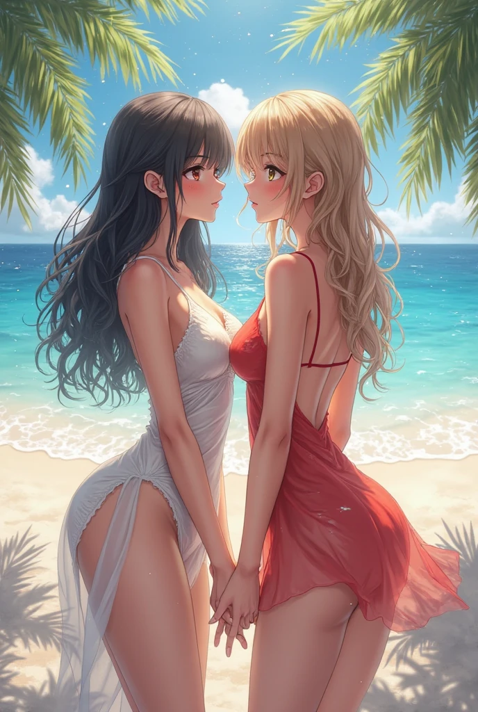 2 girls in, the kiss, secret, beautiful ocean, splash water, Eyes Like Gems,a baby face, huge filesize, ultra-detailliert, hight resolution, ighly detailed, top-quality, masterpiece, Hi-Res, high-level image quality, hiquality, extra detailed face, extremely detailed eye, long eyeslashes, 8k wallpaper, magnifica, finely detail, 电影灯光, Young Face, large full breasts, kirakira, Light in the eyes, Camisole and denim shorts, Shyness, Dye your cheeks,