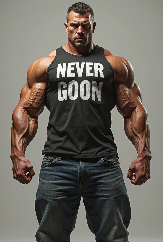 buff minion on steroids with black t shirt with the words "never goon"