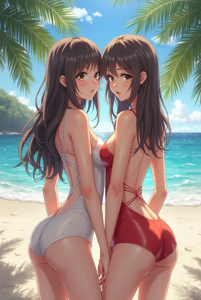 (((masterpiece, Highest quality, High resolution, 超High resolution, Perfect Pixel, Depth of written boundary, 4K, RTTX 10.0))), Beautiful Anime Women, Beautiful art style, Anime characters, ((Smooth texture, Realistic texture, Anime CG Style)), Exact finger count、Exact number of legs、(Exact number of arms:1.0, Exact number of hands:1.0), (Perfect hands, Perfect Anatomy.1.5), Cinematic, Realistic, Extremely detailed CG, Daytime lighting, Perfect lighting, Best Shadow, The best natural light, Perfectly balanced style, Perfect body, (Long Hair, Brown Hair, ponytail), ((Back view of two women walking:1.5), (Sexy and cute magenta and white striped underwear, Shiny satin side-tie full-back panties, Panties with lace trim around the edges, micro lace bra, Lace-trimmed bra:1.3), (From directly below), (Poolside, There are lots of people having fun at the pool in the background.々is playing:1.3)