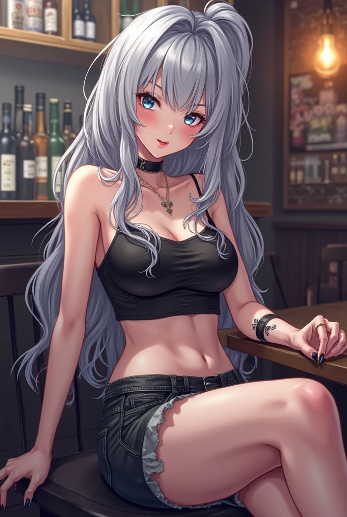 masterpiece , high resolution , best quality . Ultra-detailed , 16k , 8k cg壁紙 , trousers , look at the audience , Front view , from before , Medium and long lens, shooting department , 1 girl , alone:1.3 , white hair, pink eyes , long hair, (small breasts:1.15) , split , Sitting in chair wearing white tie shirt:1.2 , bare shoulder, Denim short shorts , hot short film, tattoo , tattoo on body , navel , abdomen , Smile , Full face blush , Cafe background , wooden house , bar
