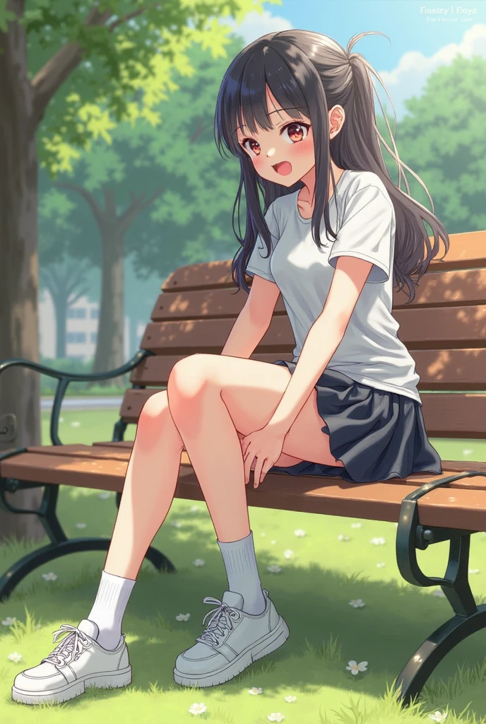 {Highest quality}, {Super beautiful},{Ultra fine},{Best illustration},Brown Hair,Hime cut,semi-long,Bangs,Standing Woman,Uniform cap,White Shirt,Short sleeve,Long black skirt,Night Park,Embarrassed,smilingly,Blushing,Slender women, A woman wearing plain black pumps,Bare feet and pumps,From an angle,From above