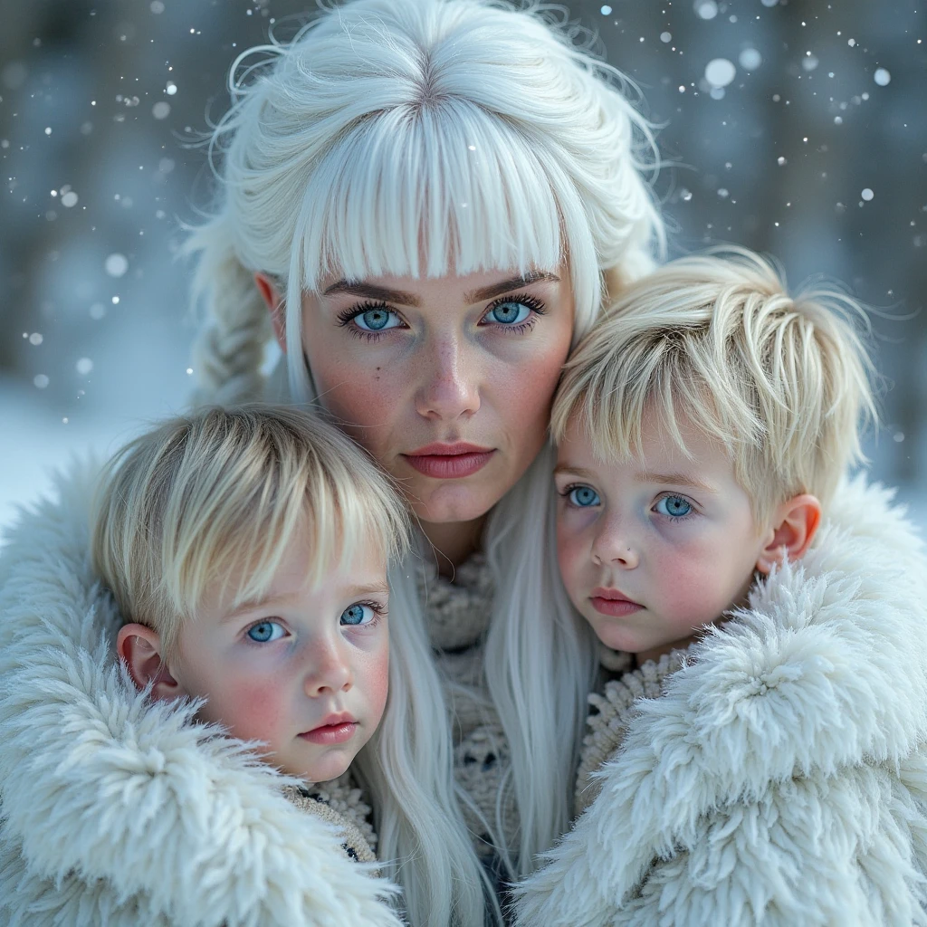 A baby with blue eyes, cabello rubio, largo ondulado, con un perrito pomeriano, un cachorro de leon blanco, de ojos azules, albino, blanco como la.nieve