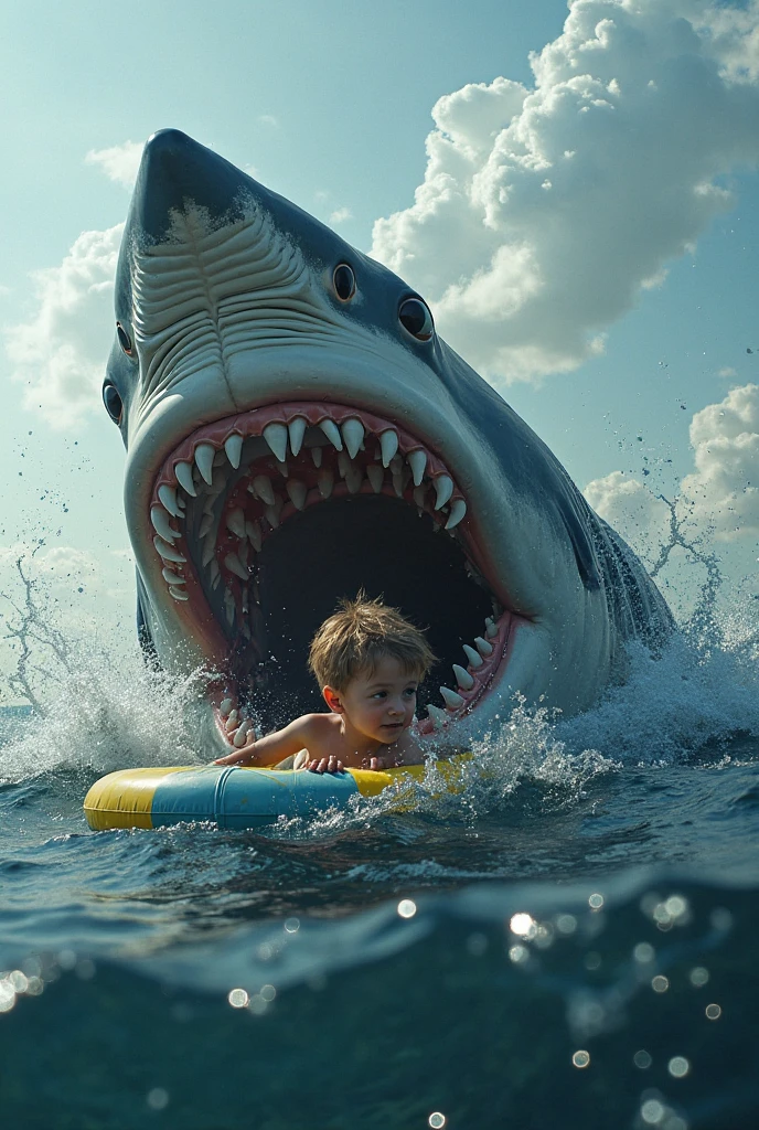 We need such an image in which the shark has taken the injured child's foot in its mouth and the man is screaming loudly for help highlighted sunlight