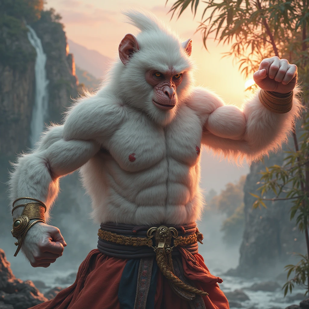 wukong \(mito negro\),
1menino, solo, foco masculino, olhos detalhados,
peito peludo, capoeirista , pauldrons, ornamento de cabelo, red pants, heaven, tree,
motor unreal, 8k, super detalhe,