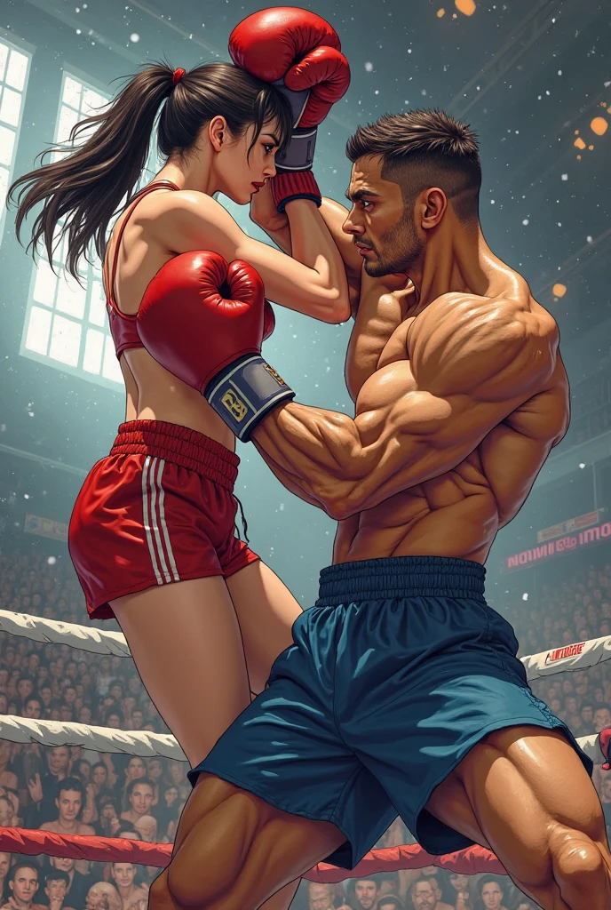 punch, punch, punch. survival exciting battle. whole body picture. two bloody beautiful Japanese female fighters are looking at each eyes. they are beating each other so hard. They are banging their punches against their opponents in the octagon ring. Blood is dripping from their nose. they are covered in scars and bruises. they are damaged terribry. Short-cut black hair, out of breath, drooling from mouth, one eye closed, exhausted, drenched in sweat. Erect nipples. open finger glove. high-leg leotard. Stockings. arm-covers. Excellent proportion body.