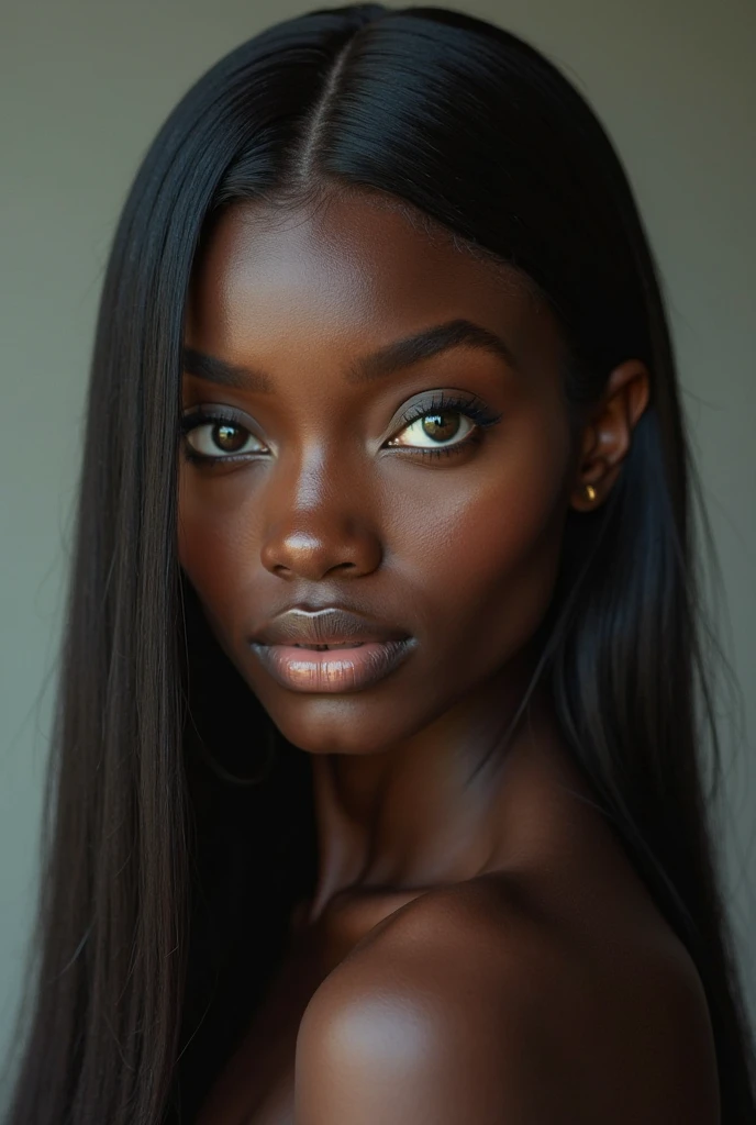 a close up of a woman with long hair and a white shirt, dark black skin tone, adut akech, dark black skin, dark brown skin, very dark brown skin!, dark skin tone, dark skin, dark complexion, black skin!!!, dark-skinned, dark skinned, with brown skin, brown skin. light makeup, deep black skin