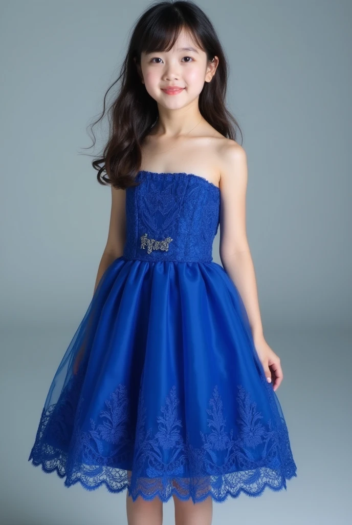 Beautiful eight-year-old girl in a dark blue evening gown