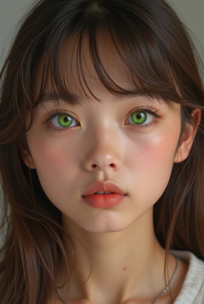 1 girl, brown hair with pink highlights , yellow shirt , dark green eye ,