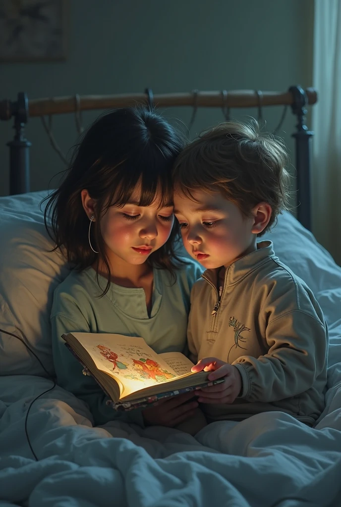 A adult 2 boy in bed 1 is sleeping and one is watch mobile and fan is on and light and boys are in net