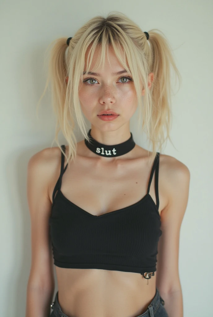 10 year old skinny petiite cute chiild girl, pale skin, white american, dyed blonde hair, gothic, metal music, arms tied up, armpit, flat chested, bdsm, handcuffs, tank top, she is tied up, very young teeen,