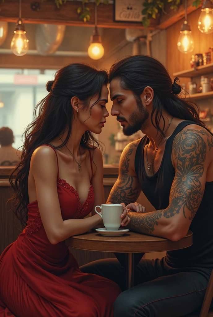 Tia is shown to have a fairly slender figure. She has white-grey hair , she has short hair and large pale green eyes, The girl is sitting in a beautiful cafe decorated with soft lights and romantic decor, looking smiling and happy next to her lover.  She wears an elegant dress in bright red or delicate pink, which adds a touch of femininity and attractiveness to her appearance.  Her hair fell freely on her shoulders, and she looked radiant thanks to a warm smile that reflected her happiness and desire to celebrate.  Her beloved side, who seemed happy with her, was smiling and had a happy expression on his face.  Two cups of coffee or tea can be seen in front of them, and there may be a bouquet of flowers on the table, enhancing the atmosphere of romance.  The atmosphere around them seemed relaxed and pleasant, and light laughter and intimate expressions mixed with the sound of the joyful people around them., cleavage exposed, medium breasts, superior quality, many details, Puri focus  Sharp and realistic