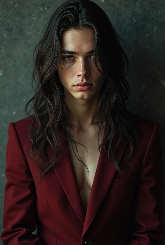 stylist man, red medium length hair, fashion wearing, posing, fashion light background, smirk, green eyes