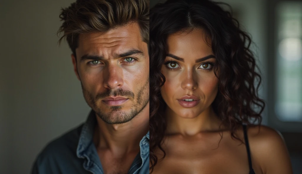 Woman with medium to white skin, ectomorfo, big asian eyes, mesorino nose, medium lips, mesocephalic, broad face, short black hair, thin and weak eyebrows, high cheekbones, extremely large cheeks. She is naked with a man with a leptorrhine nose, brachycephalic, curly and brown hair, very thick lips, thick eyebrows, broad face e alto.
