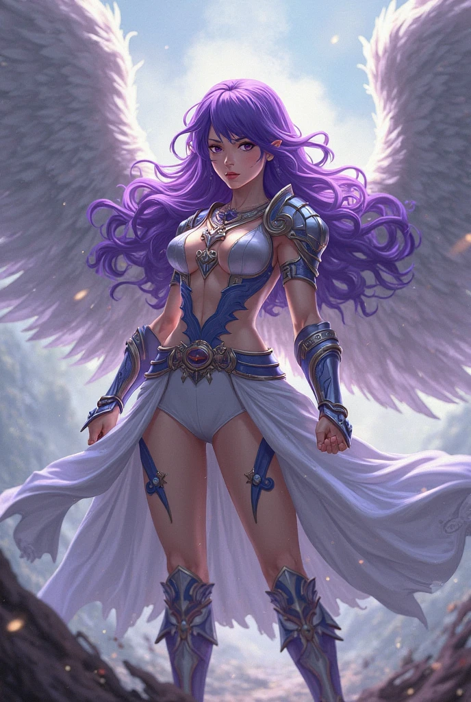 An angel with wings made of energy purple hair scar on the eye a sword in the hand with the other hand making a snap anime man