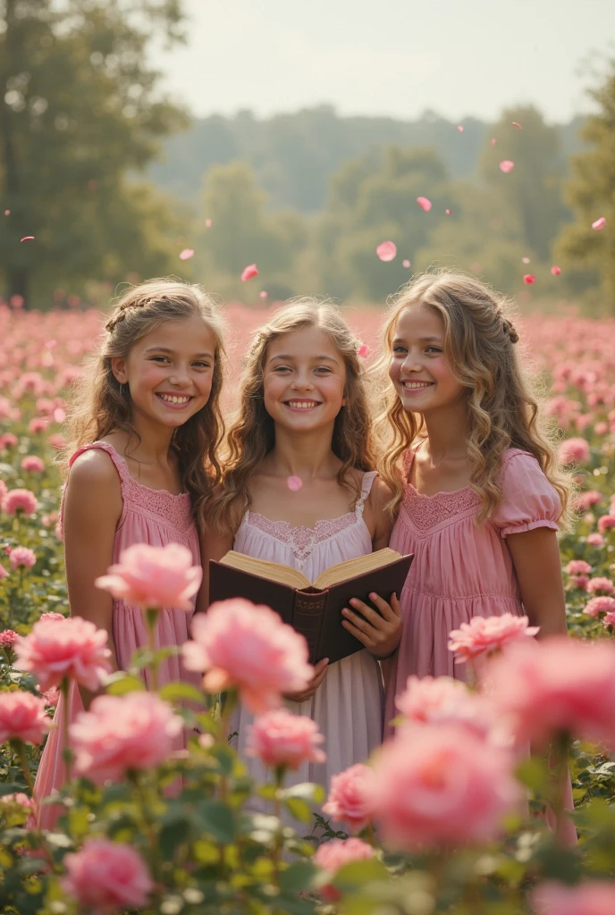 Um meio corpo, Portrait of 3 girls German children long blonde hair TRAIDS 12 years old, jaquetas couro AMARELAS, COM VELAS ACESSAS.