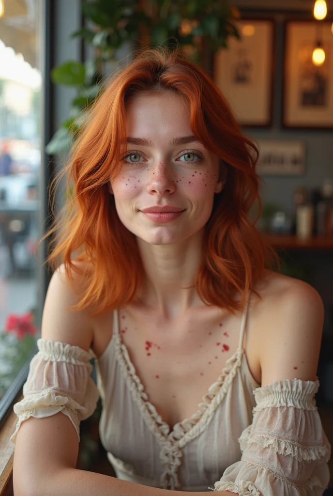 a close up photo of a 20 year old french woman in a blouse at a bar, seductive smile, ginger hair, cinematic light, film still,