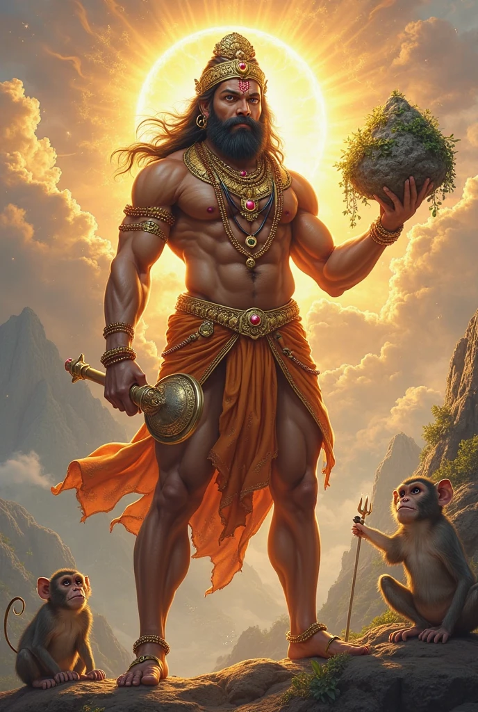Beautiful god hanuman standing in jungle, holding millet