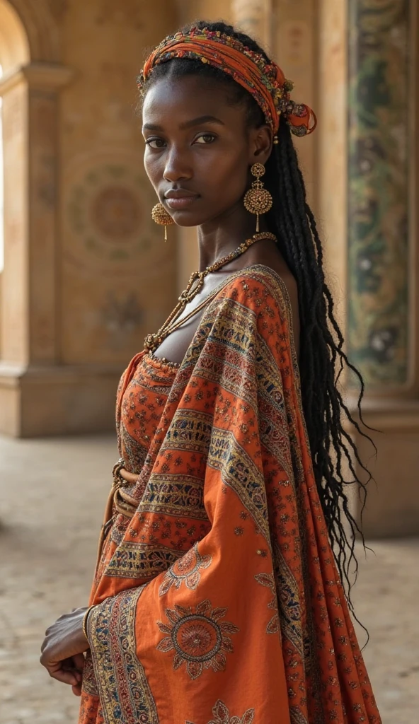 full-body shot of very beautiful african woman with petite body, wear traditional tribe clothes, african face, ethiopian, gold face painting on forehead and cheek, straight black hair, exotic face, standing on simple fabric, sHe leaned against the wall. seductive pose, oiled wet skin, very long hair, Long hair flowing down to the legs. wrinkles on the face, mature woman, smile, thick, curvy, chubby, belly, wide hip, thick thighs, thick leg, black hair, wet body sweating, necklace, full body shot, looking at viewer, natural face without make-up, arm bracelet, harming stare, smile, a pretty face featuring double eyelids, bare feet, set against a simple gold background. The color palette echoes golden richness, with gold elements and intricate patterns, detailed skin, detailed face, detailed eye, detailed lips, detailed hair, detailed nipples, detailed hand, SkinHairDetail, SK_ANALOGFILM