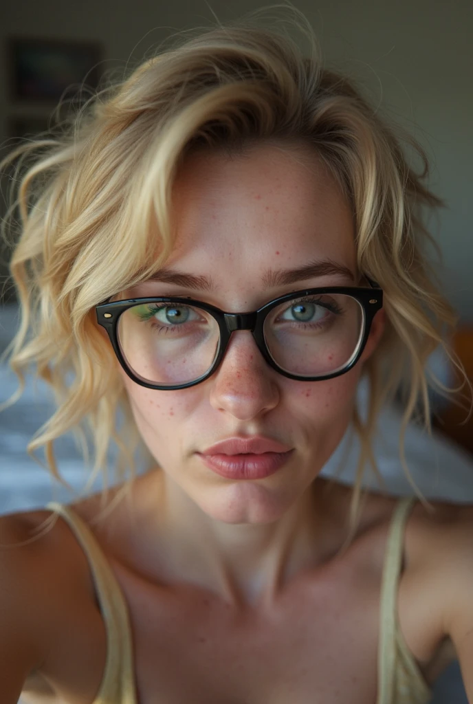 A blond girl, 40 years old, beautiful face, big eyes, ?????, big breasts, languidly wide open mouth, big glasses, wavy hair, Expression of pleasure, sitting on her knees on the bed, looking at viewer, from above, closeup , selfie, ??? on face, ??? on glasses, realistic photo, selfie, mouth very wide open