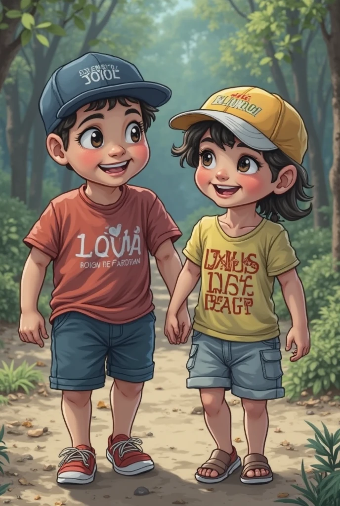 Cartoon Design, Pencil sketch style, Pencil coloring with many colors, Depiction of two children playing with a puppy, muy felices en un parque. El rostro, los ojos y los cuerpos de las figuras deben estar bien definidas en sus formas.