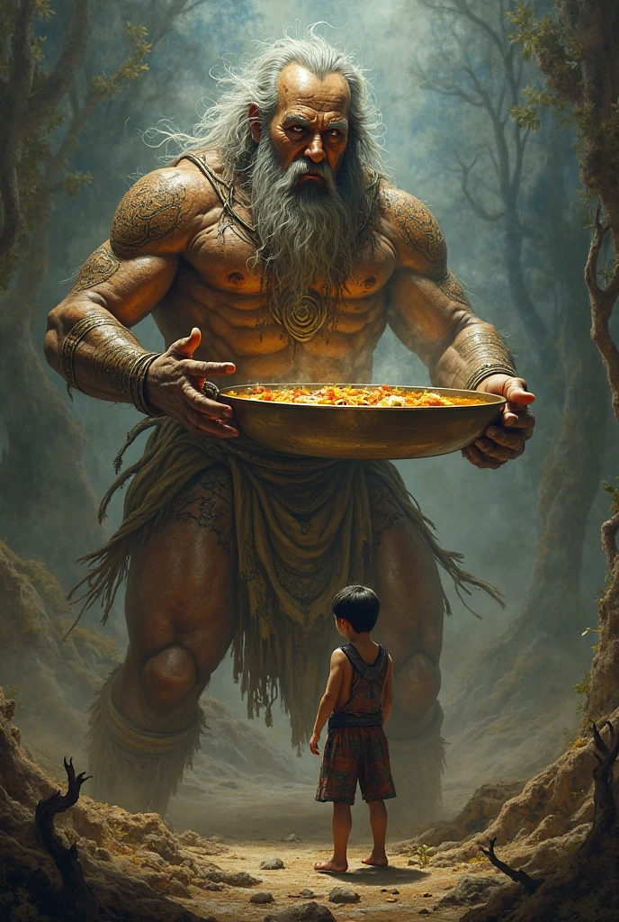 landscape image, he is shirtless and wearing wrestle singlet with a big cock bulge. he is very powerful. he is holding a lantern. sweaty. another smaller younger scrawny little man hug. in a ravine. hairy chest. one hand on waistband lowering. digital painting. drenched in water. adored by men. hairy chest.