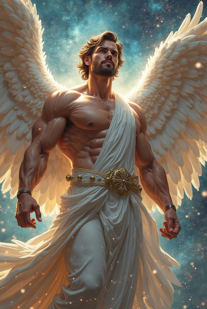 a painting of an angel man, with a beautiful face,((muscular man body, Sculptural body, strong,shapely and muscular legs)), ((red haired angel)), ((with several huge wings)), ((Angel wings)), Various positions, Full body man, Frank Kelly Freas, Estilo Karol Bak, Best Quality,32k ultra quality, parade paper quality, movie image, Classic 8K