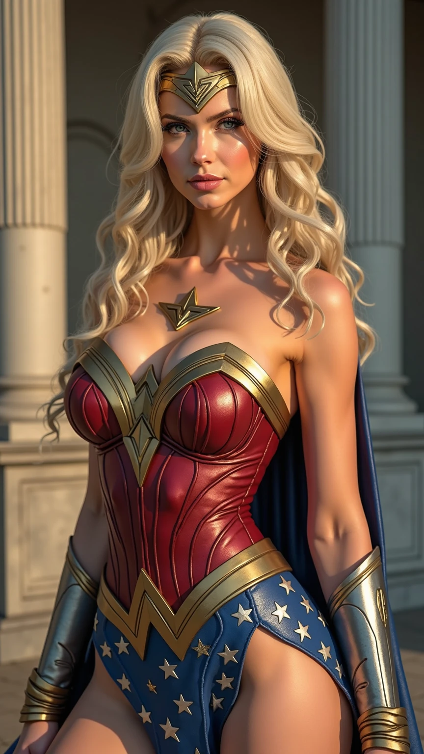 Actress Demi Moore, wonder woman outfit, short and uncut hair, blonde, beautiful face, rain, roof, masterpiece, intricate details, perfect anatomy