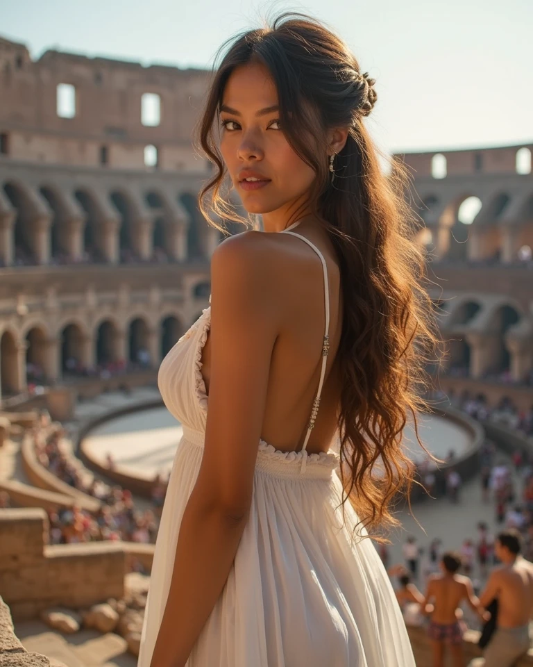 Dame mas imagenes de la mujer, en el coliseo de Roma, con gafas de sol, con sombrero, con vestido de escote rojo