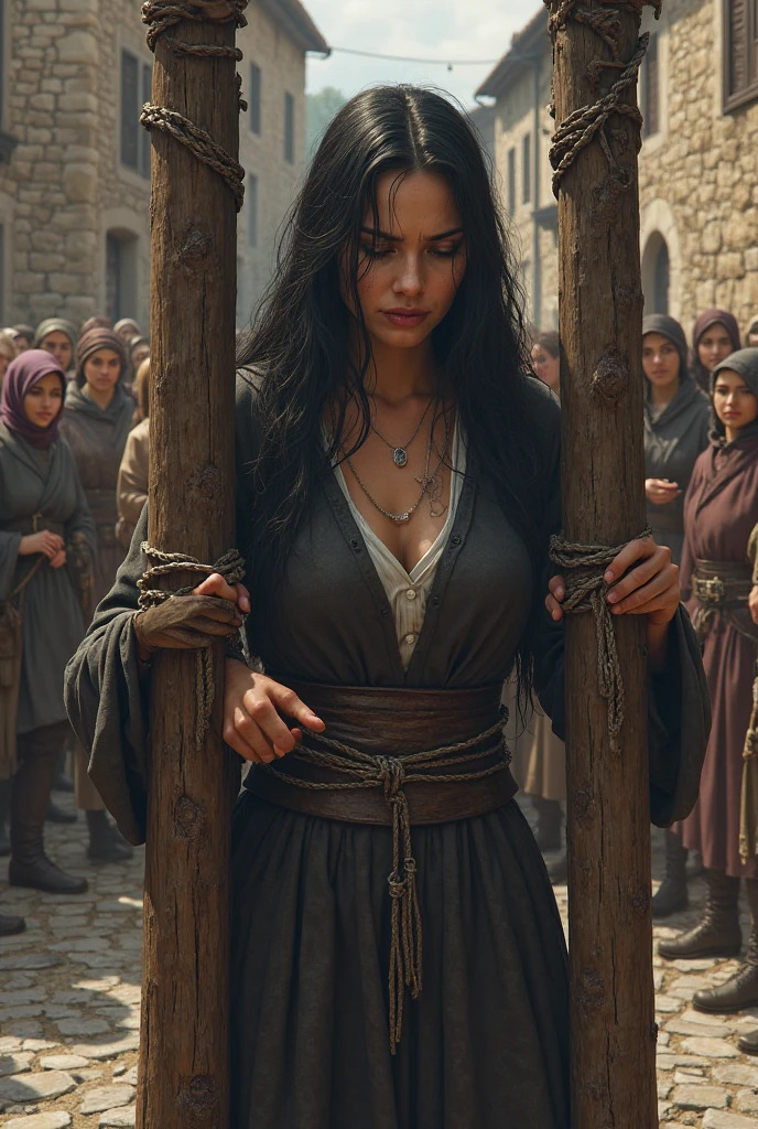 Bound and gagged with rough ropes, the captured women are herded like cattle through the narrow village streets by the rebels. The women’s eyes are wide with fear and tears stream down their faces as they stumble over uneven cobblestones and broken barrels. The rebels push and shove them mercilessly, their faces set in cold determination."