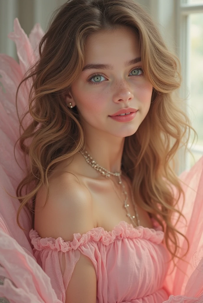 beautiful girl with a pink dress,soft, vibrant colors,portraits,realistic lighting,long curly hair,facial details,rosy cheeks,elegant pose,delicate fabric,gorgeous smile,subtle feminine beauty,artistic rendering,HDR,highres,masterpiece:1.2,smooth texture