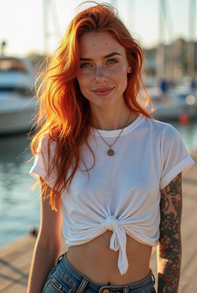college aged busty redhead in a soaking wet white t shirt with tattoos and nipples showing through the shirt. She is on her knees in short jean shorts, with her tongue out waiting to drink from a garden hose. she is soaking wet.